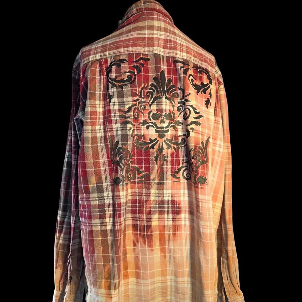 Distressed Plaid Skull Flannel Shirt | Hand Bleached Gothic Streetwear